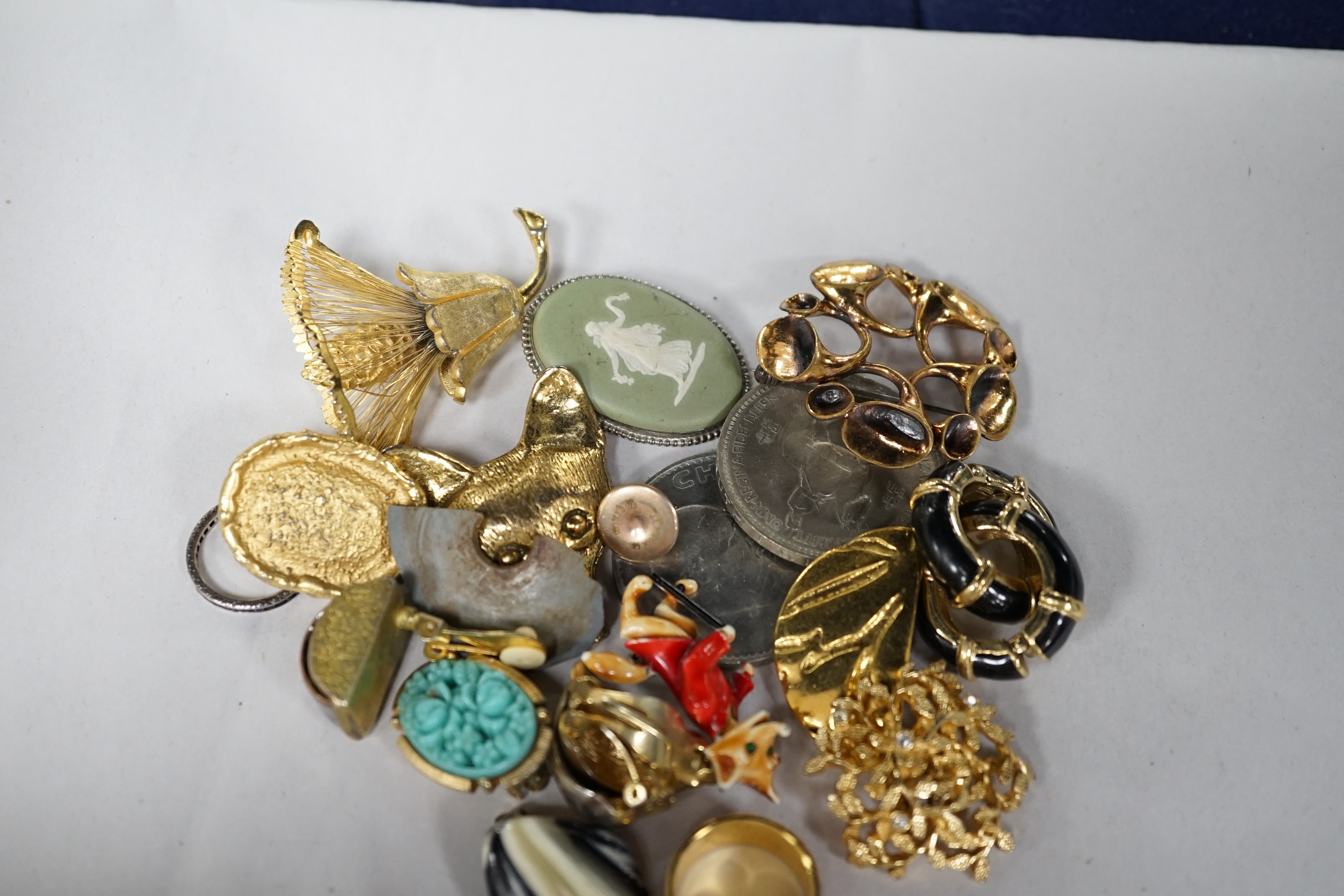 A quantity of costume jewellery and a Victorian yellow metal and turquoise cluster set brooch, 33mm, Condition - poor to fair